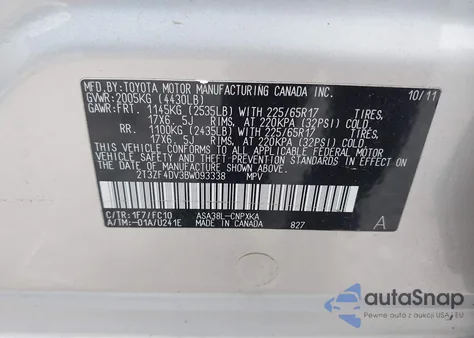 2011 Toyota Rav4 z USA, uszkodzony, nr VIN 2T3ZF4DV3BW093338